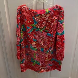 Lilly Pulitzer Jubilee Silk Bateau Neck Tunic Top Fuchsia Multi Floral Size 4